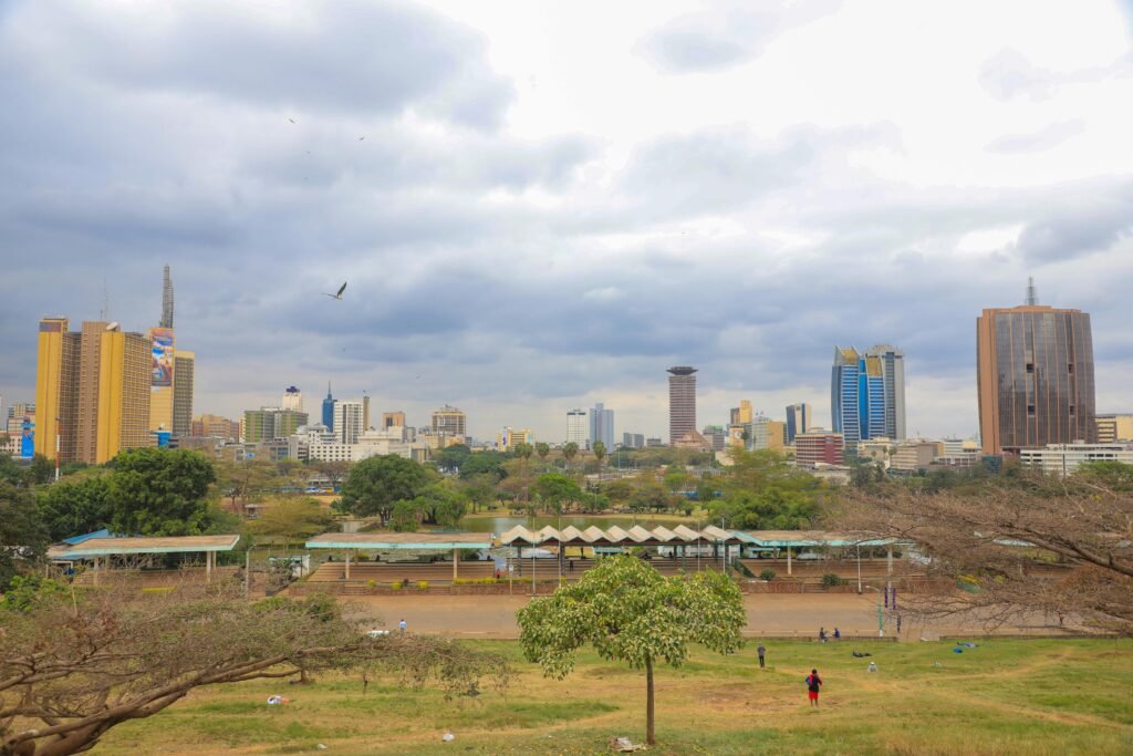 Panoramic view of Nairobi's skyline from Uhuru Park, showcasing urban architecture.